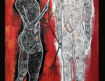 Two human figures, one black and one white, stand facing each other on a red background. A tree-like structure with roots and branches connects them. Artwork titled "Yin & Yang" by Jaedon Clarke, 2022.